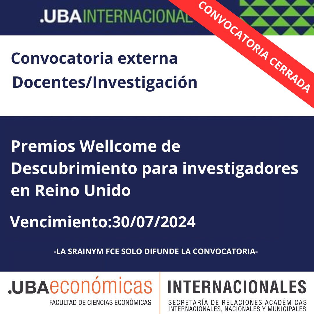 Convocatoria cerrada-Convocatoria externa. Docentes/Investigación. Premios Wellcome de Descubrimiento para investigadores en Reino Unido